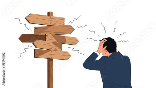 Confused businessman standing before a multi-directional wooden signpost trying to make a difficult career decision amidst many different options.