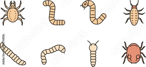 Insects and Pests Icons Set with Bugs, Ticks, Worms, and Parasites for Agriculture and Pest Control Illustrations