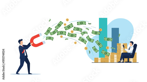 Successful businessman using a large red magnet to attract dollar bills and coins toward a pile of wealth for effective lead generation and profit.