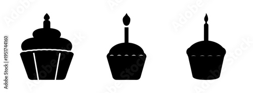 Three birthday cupcakes with candles vector illustration for party and celebration designs and graphics