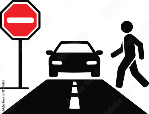 Pedestrian crossing with no entry sign and car approaching