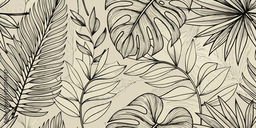 Intricate botanical illustration of tropical leaves in a seamless pattern