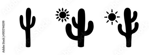 Black and white saguaro cactus vector illustration with sun desert plant silhouette design element