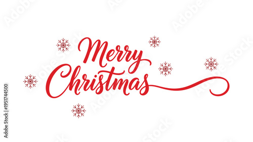 Elegant red Merry Christmas calligraphy text decorated with simple snowflakes on a clean white background for holiday greetings and festive cards.