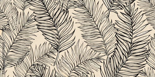 Seamless tropical pattern featuring detailed hand drawn palm leaves on beige