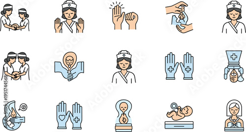 Midwifery and Childbirth Care Icons Set with Hands, Baby Delivery, Medical Assistance, and Mother Care for Birth Support