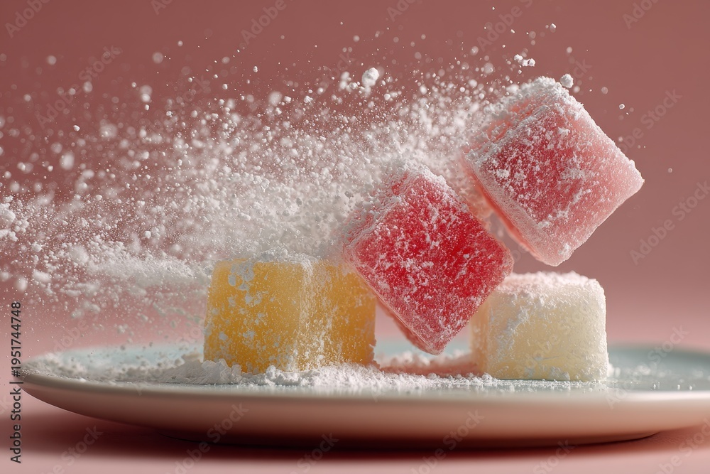 Fototapeta premium colorful turkish delight cubes dusted with powdered sugar stacked on plate against pink backdrop for dessert photography, gift packaging, or retail display