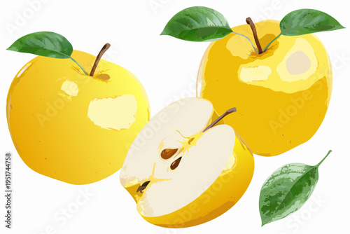 A vibrant illustration of yellow apples including a halved fruit