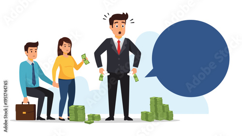 Surprised businessman showing his empty pockets while standing next to a sad family and a speech bubble representing a financial crisis or debt.