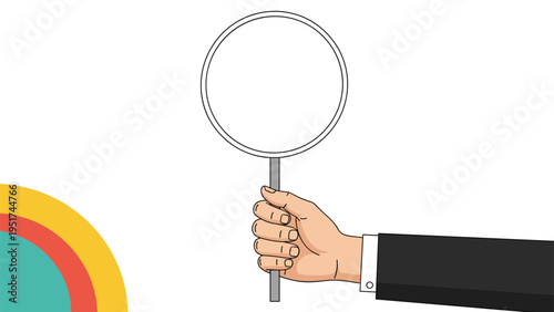 Hand of a businessman holding up a blank white round sign for custom messages advertisements or instructions against a colorful background.