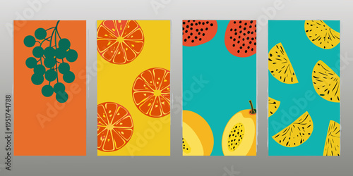 Colorful fruit patterns displayed in a series of vertical rectangular frames