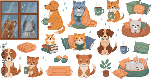 Cute cats and dogs cozy at home on rainy day drinking tea relaxing with blankets cartoon vector illustration set