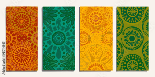 Four vertically oriented panels displaying vibrant ornate mandala patterns