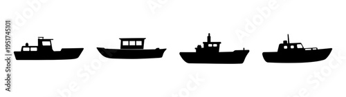 Silhouette boats vector art: fishing boat, tugboat, and sailboat in black and white design