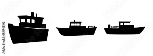 Black silhouette of fishing boats vector art illustration for nautical theme designs and prints project
