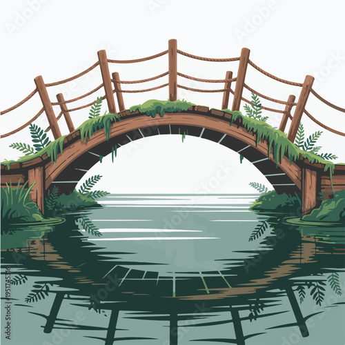 Wooden arched bridge overgrown with moss and ferns crossing tranquil water reflection