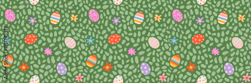 Easter eggs with different patterns and grass seamless vector pattern, Cute colorful background for Easter egg hunt banners