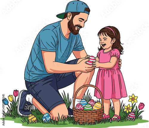 Cartoon Easter Illustration  Adult and Child Egg Hunt with Basket, Flowers, and Decorated Eggs on Grass