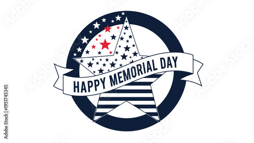 Memorial Day emblem featuring stars and a banner with patriotic colors to honor and remember military personnel for their service and sacrifice.