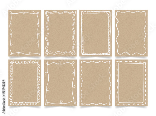 Hand Drawn Frames on Craft Paper Background with wavy and Dotted Lines, Monograms, ribbon. Frame Coquette retro Style for Card Poster with Old Paper. Trendy Vintage Whimsical Borders for Wedding.