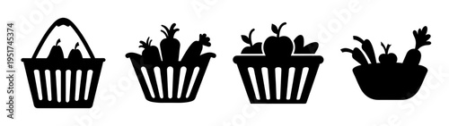 Vegetable harvest silhouette vector art: fresh produce in baskets and containers black and white design