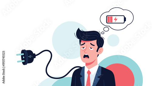 Exhausted businessman feeling burned out with a low battery symbol in a thought bubble and an unplugged cable representing fatigue and stress.