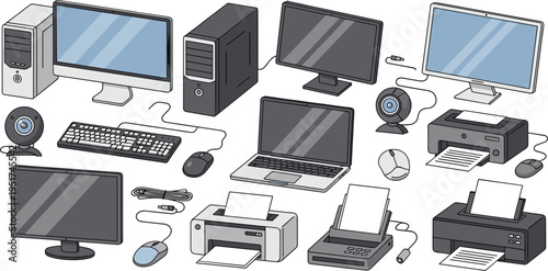 Computer and Office Equipment Set: Desktop, Laptop, Printer, Mouse, and Keyboard in Modern Flat Design