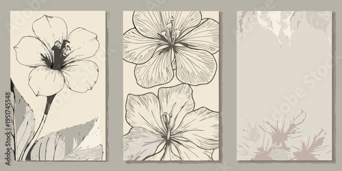 Triptych of floral sketches irises and blossoms in neutral tones
