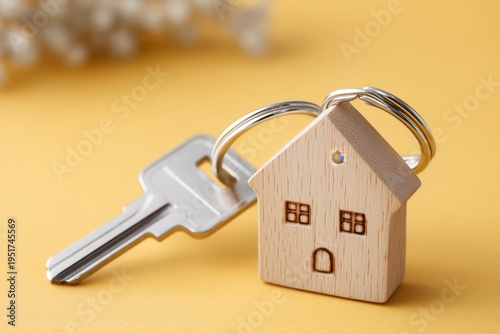 Wooden House Keychain with Key on Yellow Background