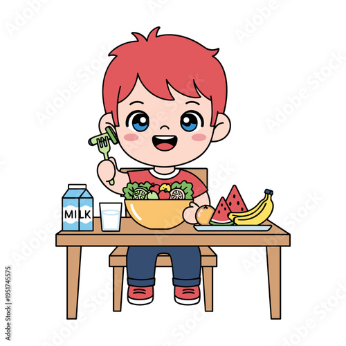 happy child eating healthy breakfast with fruits and milk vector illustration