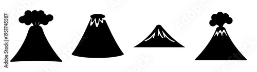 Volcano eruption vector illustration set black and white volcano silhouette graphic design element