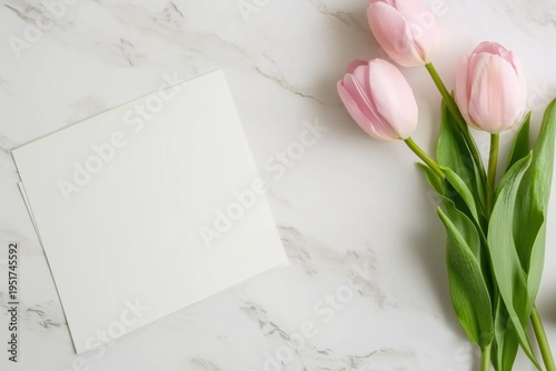 Blank Greeting Card Mockup with Pink Tulips on Marble Background