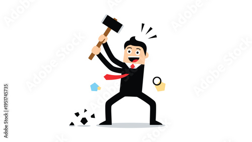 Determined businessman swinging a large sledgehammer to break obstacles and achieve goals in his professional career with high motivation.