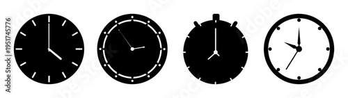 Clock time illustration showing different times on analog clocks for design and graphics use