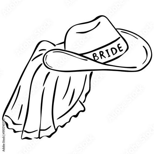 Bride Cowboy Hat with Veil Line Art – Western Bachelorette Party Clipart, Bridal Shower Minimal Illustration