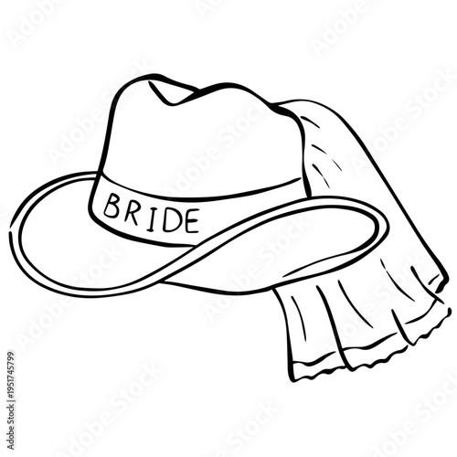 Bride Cowboy Hat with Veil Line Art – Western Bachelorette Party Clipart, Bridal Shower Illustration