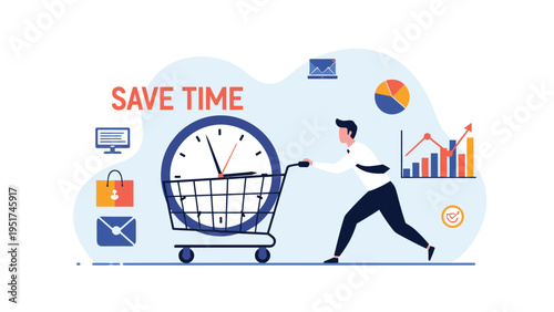 Businessman pushing a shopping cart containing a large clock to represent time management saving time and efficiency in modern business operations.