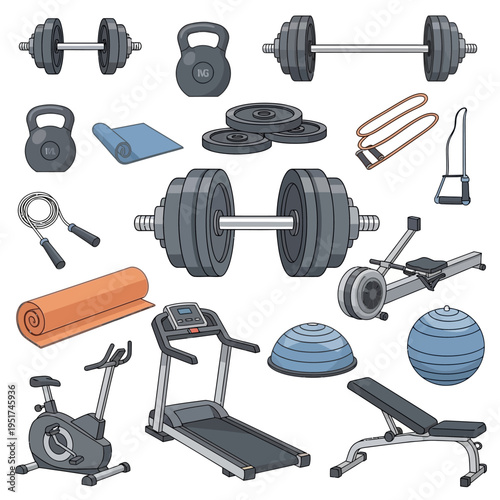 Fitness Equipment Collection: Dumbbells, Barbell, Treadmill, Exercise Bike, Rowing Machine