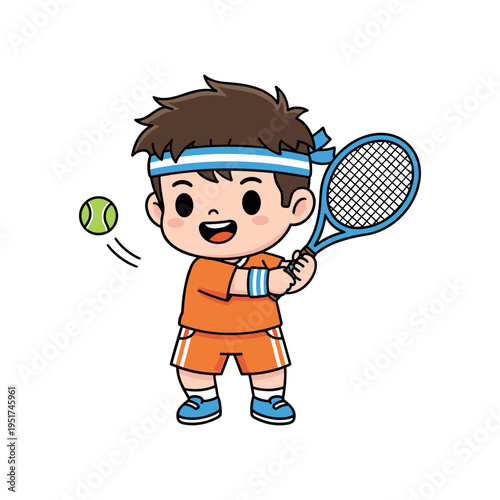 young boy playing tennis with racket and ball flat design vector illustration