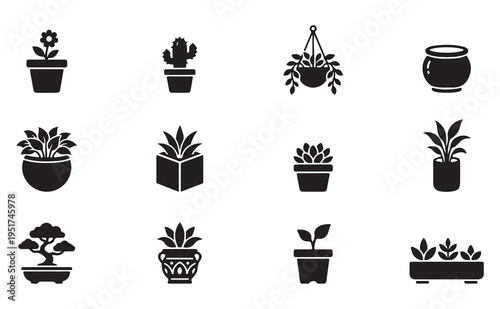 Houseplant icons set showing various indoor flowers in decorative pots and hanging planters for home gardening