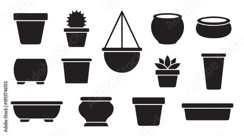 Various flowerpot silhouettes set including hanging baskets and deep planting tubs for professional landscape