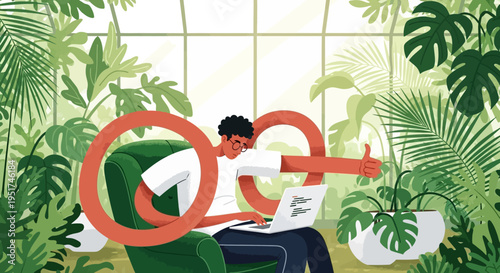 Empowered modern professional optimizing seamless digital workflows within a sustainable biophilic greenhouse workspace