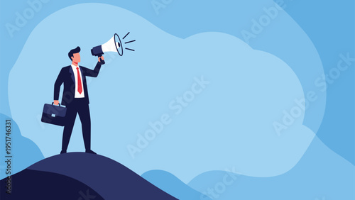 Determined businessman standing on top of a grassy hill holding a megaphone and a briefcase making a loud announcement to the public.