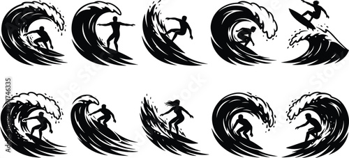 Dynamic black and white surfer silhouettes showcasing thrilling wave riding stances, extreme sports energy, and ocean adventure lifestyle art