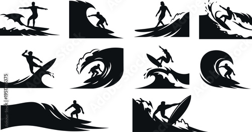 Dynamic black and white surfer silhouettes showcasing diverse wave riding stances, aerial maneuvers, and surfing culture energy
