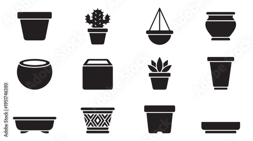 Set of black silhouette various plant pots and planters icon vector illustration isolated on white background