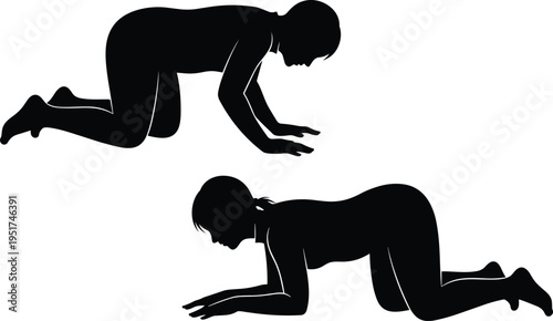 Silhouette of woman performing cat cow yoga pose and floor stretching exercises for back health, flexibility, fitness, wellness, and core strength