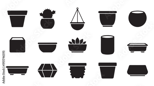 Set of black silhouette various plant pots and planters icon vector illustration isolated on white background