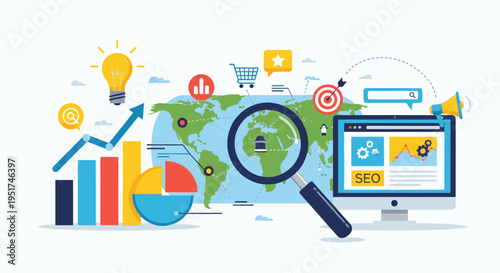 Business analytics tools on a computer screen display global market trends and statistics with magnifying glass.