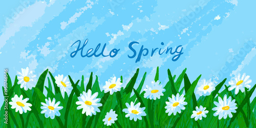 A bright illustration of daisies grass and a welcoming spring message